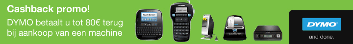 Dymo Cashback actie, Dymo betaalt u tot € 80,00 euro terug bij aankoop van een machine.